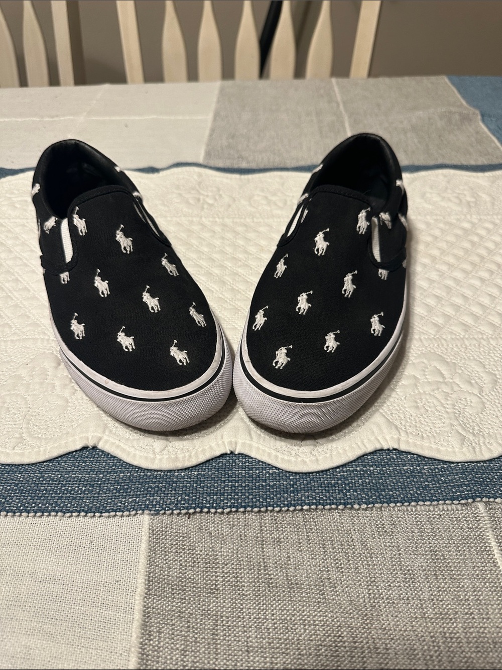 Ralph Lauren Black Canvas Slip-On Sneakers with White Polo Logos
